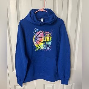 I Know I Play Like A Girl Try To Keep Up Basketball Pullover Hoodie - Blue - M